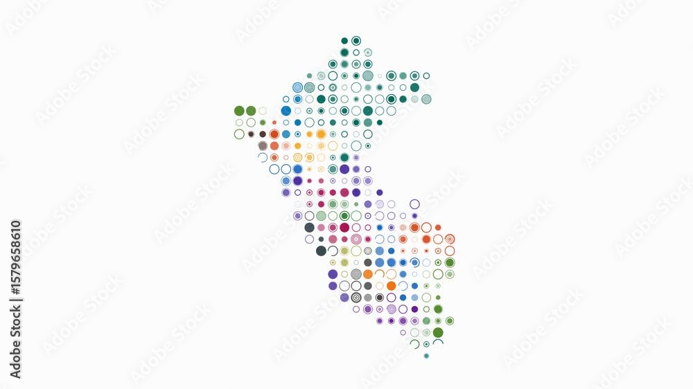 Poster peru dotted animation. shape of the country build of pulsating colored dots. large size circle block