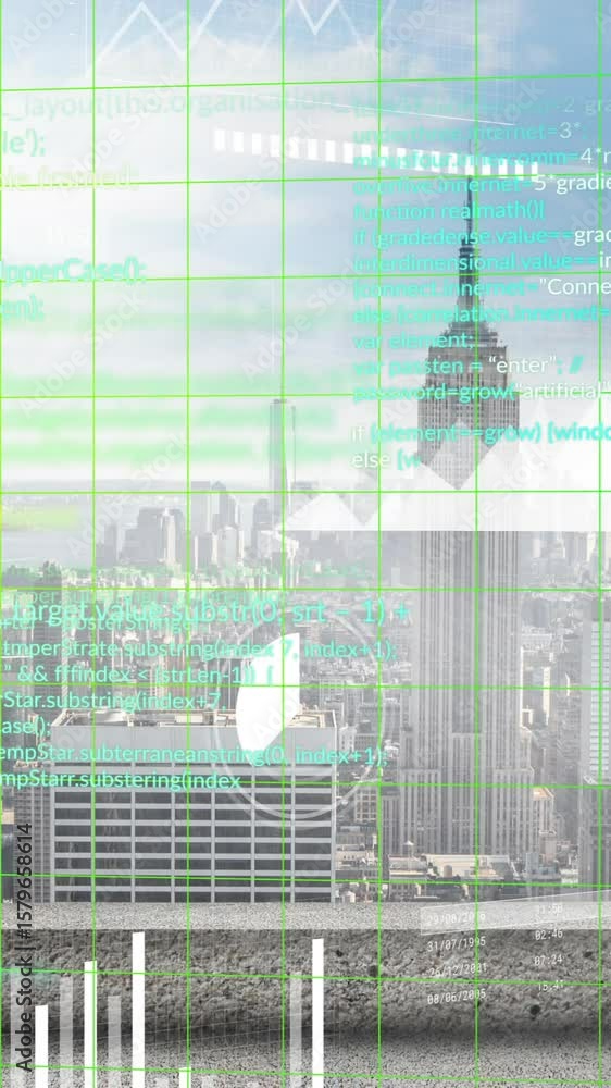 Aufkleber animation of charts and processing data over sunny cityscape