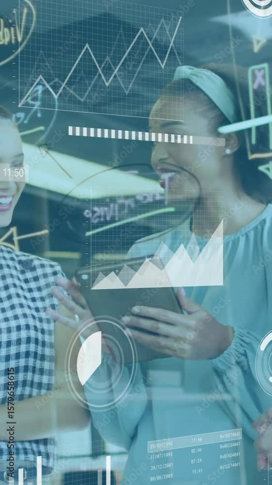 Poster animation of data processing and diagrams over diverse female colleagues discussing work