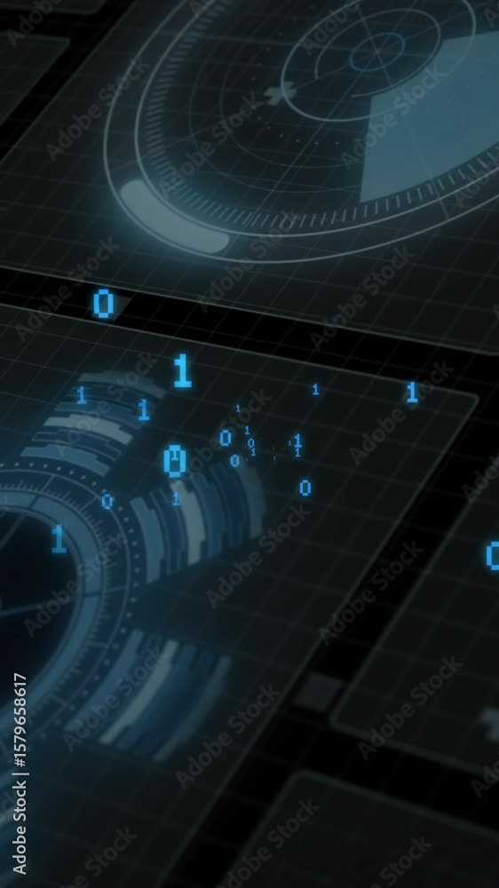 Poster animation of digital data processing and binary coding over black background