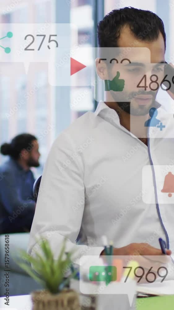 Poster animation of data processing over businessman talking on smartphone in office