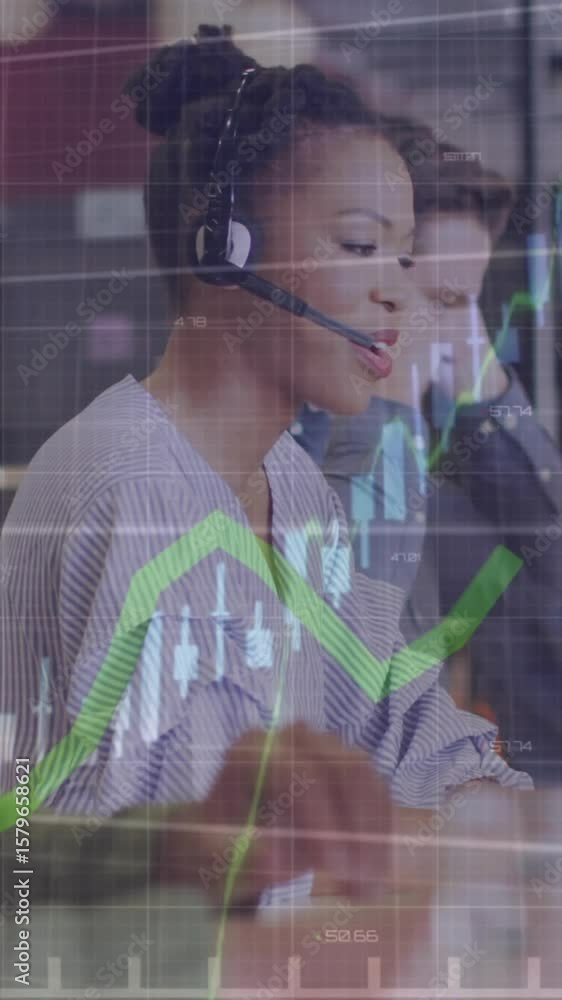 Poster animation of financial data processing over diverse colleagues using phone headsets in office
