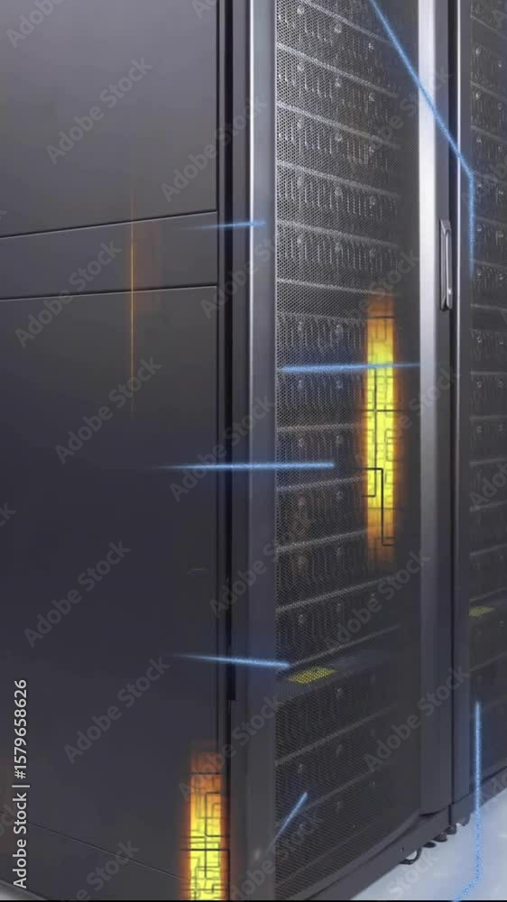 Poster animation of digital data processing and circuit board over computer servers