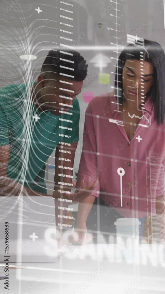 Poster animation of data processing and diagrams over diverse colleagues discussing work