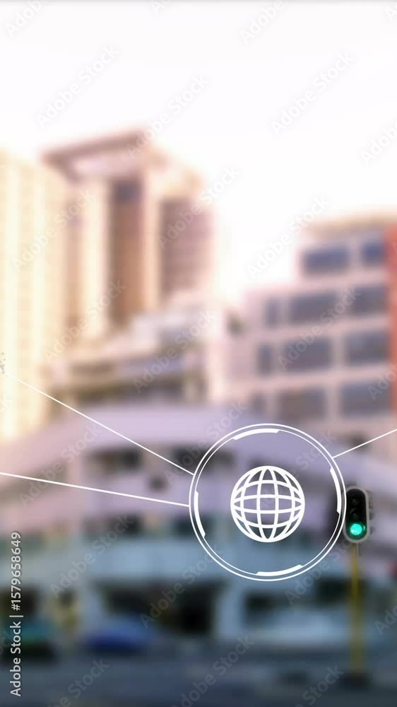 Poster Animation of network of connections with data processing over cityscape