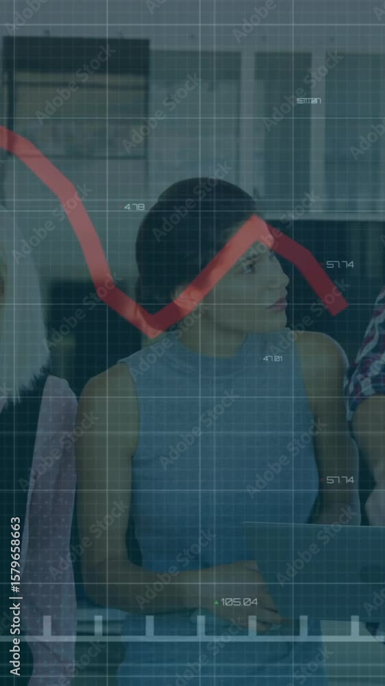 Poster animation of financial data processing over diverse colleagues using tablet in office