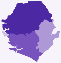 Map of Sierra Leone with regions. Just a simple country border map with region division. Deep purple color palette. Flat Sierra Leone shape with administrative division. Vector illustration.