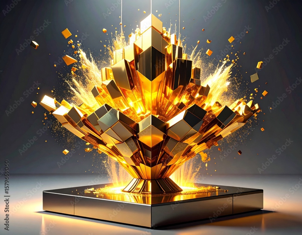 Poster abstract gold cubes explosion with sparks on a shiny surface and gray background
