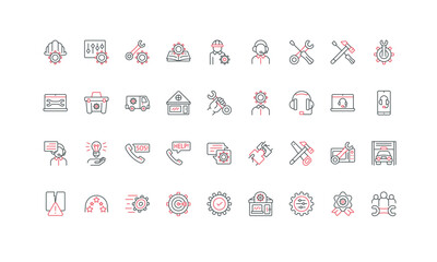 Repair and maintenance service, effective customer service and truck, guide line icon set. Engineering, fast installation and fix error, recovery thin black and red symbols vector illustration