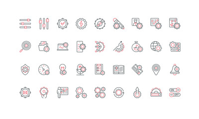 Settings to install, update and upgrade system status, app or software, hardware line icon set. Digital product tech maintenance and repair, gears thin black and red symbols vector illustration