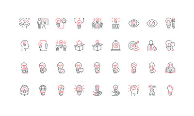Creative idea, smart solution search and brainstorm, evolution of innovation and invention line icon set. Light bulb and key, gear and money thin black and red outline symbols vector illustration