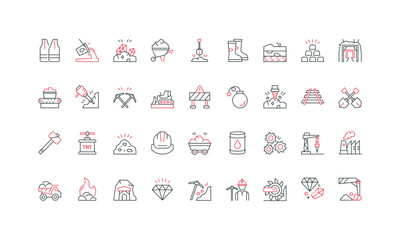 Mining, coal mine and miners tools, mineral ore and gold, diamond extraction, crusher machine line icon set. Ground layers and tunnel, conveyor thin black and red outline symbols vector illustration