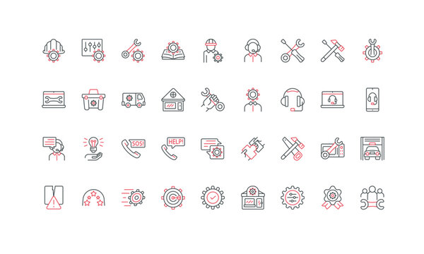 Repair and maintenance service, effective customer service and truck, guide line icon set. Engineering, fast installation and fix error, recovery thin black and red symbols vector illustration