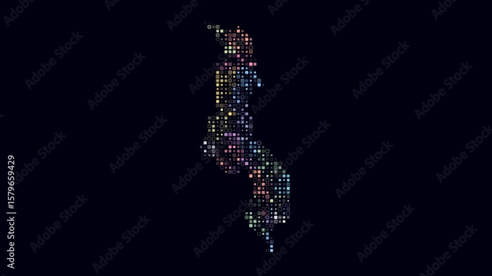 Poster malawi dotted animation. shape of the country build of pulsating colored dots. small size rounded sq