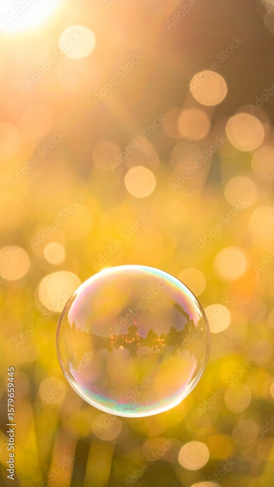 Poster iridescent soap bubble floating in golden summer light with blurred background