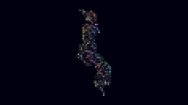 Malawi dotted animation. Shape of the country build of pulsating colored dots. Small size rounded square blocks. Digital style map on dark background. Classy video.