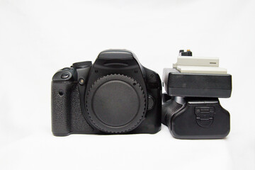 details of a black DSLR camera