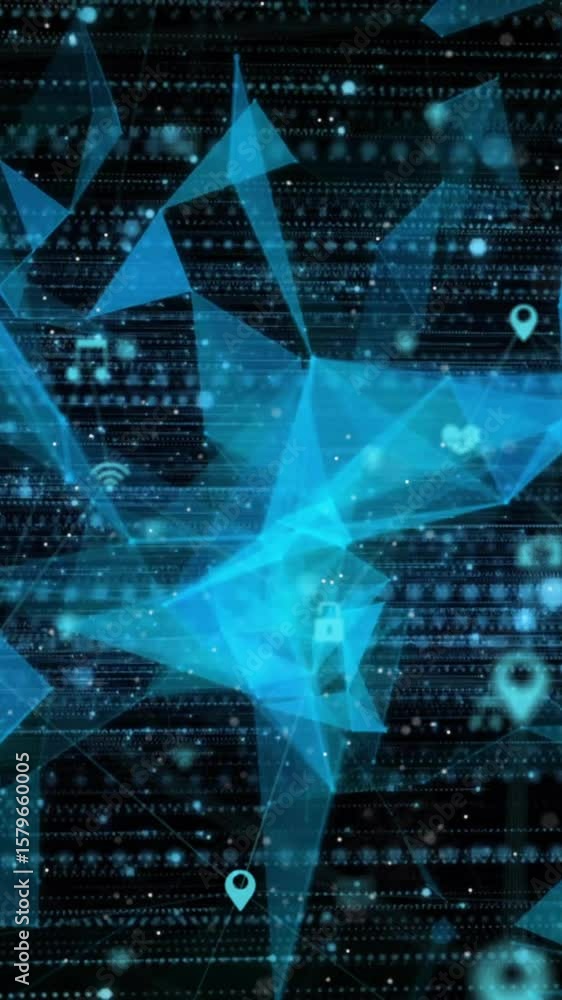 Poster animation of spots and network of connections with icons over shapes