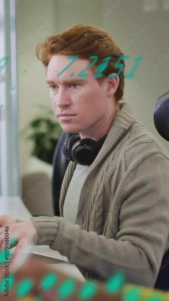 Poster Animation of data processing and diagrams over diverse colleagues using computer in office