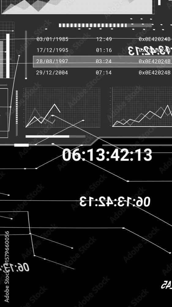 Poster animation of financial data processing and globe over black background
