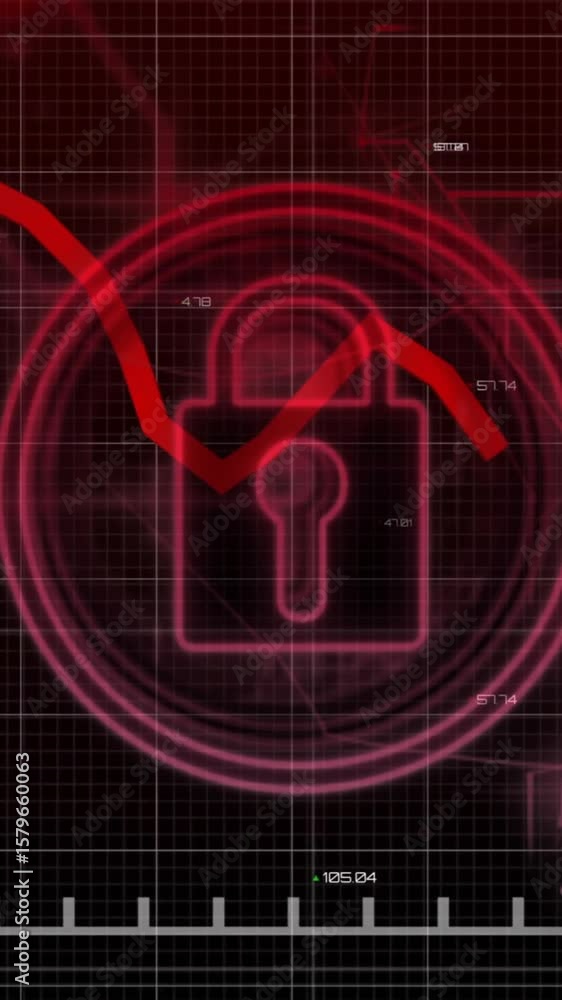 Poster animation of padlock and data processing over grid on dark background