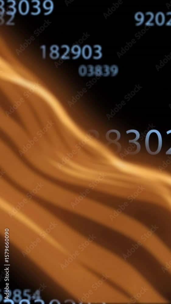Poster animation of glowing orange light trails and numbers moving on black background