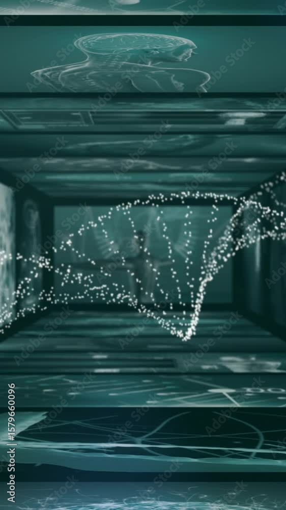 Poster animation of dna strand over data processing on black background