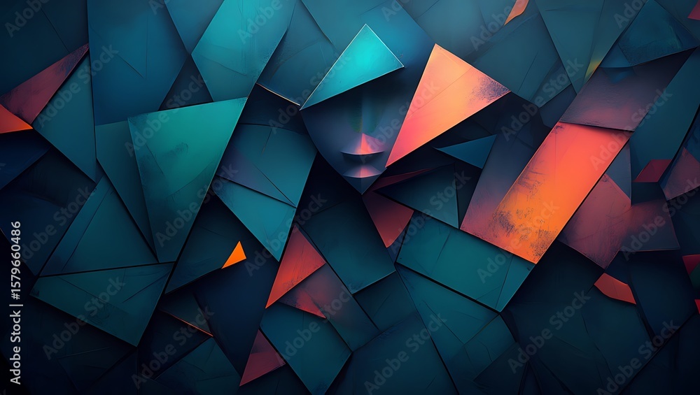 Poster abstract geometric composition with angular planes and contrasting hues, dynamic arrangement of teal