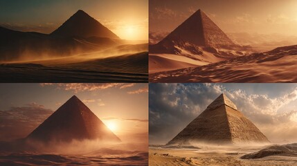 Four scenes showcase pyramids with different lighting, weather, and environments during sunrise/sunset