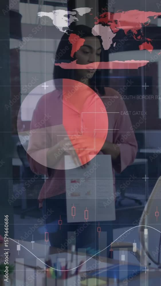 Poster animation of data processing and diagrams over diverse colleagues talking in office