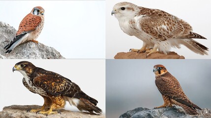 Compilation of four birds of prey, showcasing different plumage and perched on various rocky surfaces