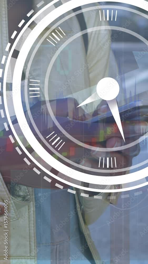 Poster animation of moving clock and data processing over african american womanman using smartphone