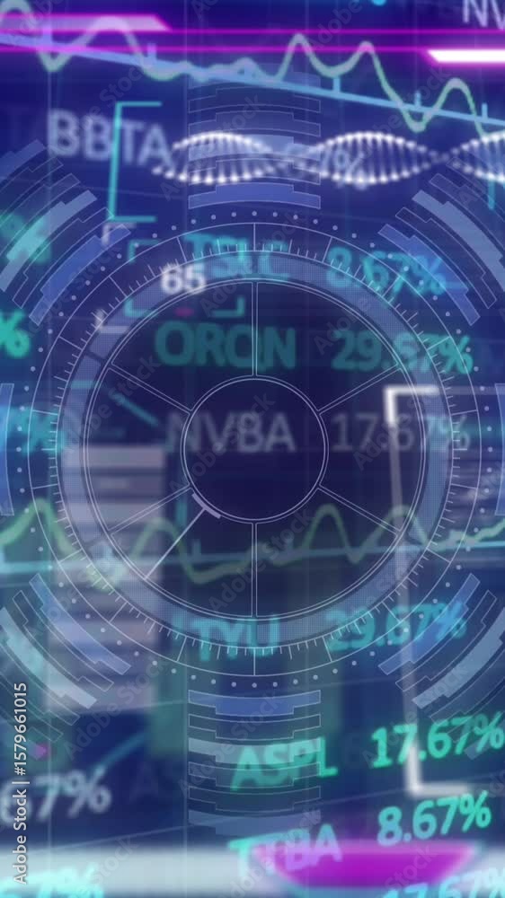 Poster animation of digital screen with financial data and graphs