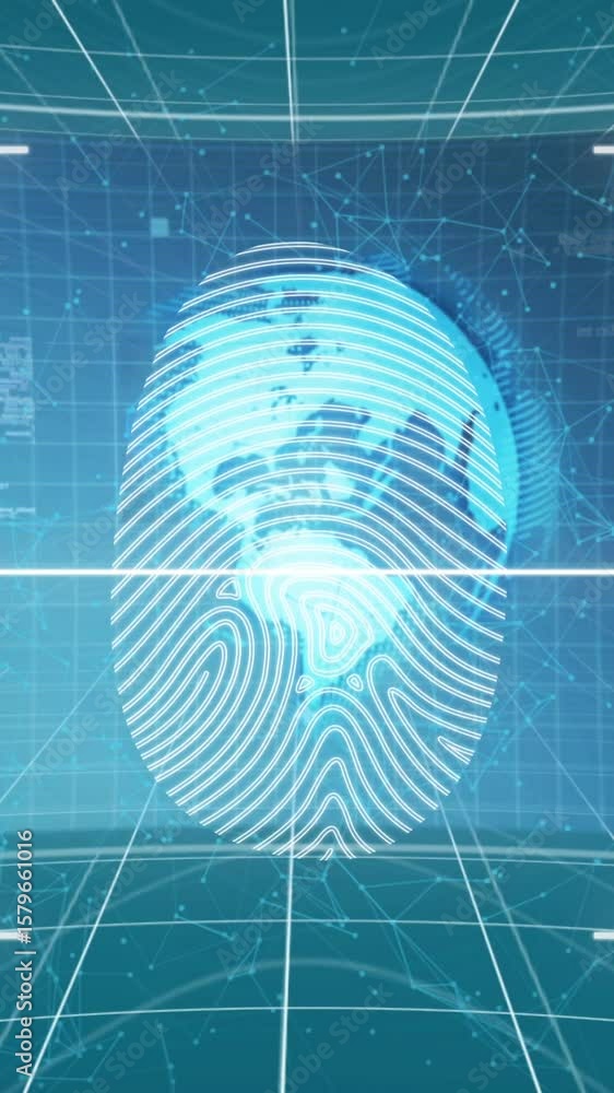 Poster animation of fingerprint scanner, globe and data processing on blue background