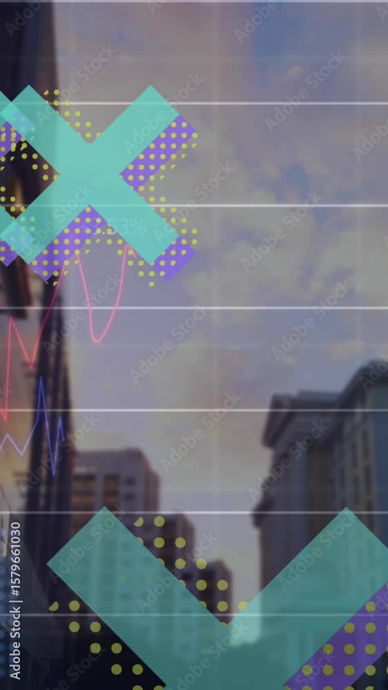 Poster animation of floating x icons and multicolored graphs over low angle view of buildings in city