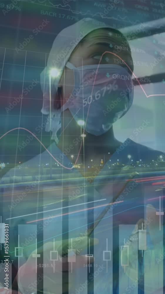 Poster animation of statistical data processing over team of surgeons performing operation at hospital