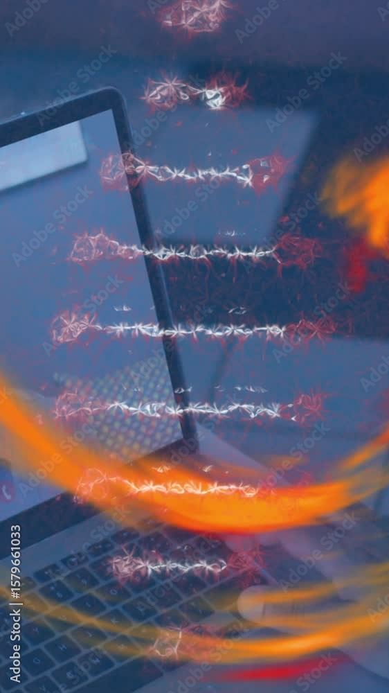 Poster animation of dna helix and abstract pattern over multiracial coworkers discussing on videocall