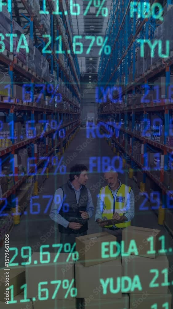Poster animation of data processing over people working in warehouse