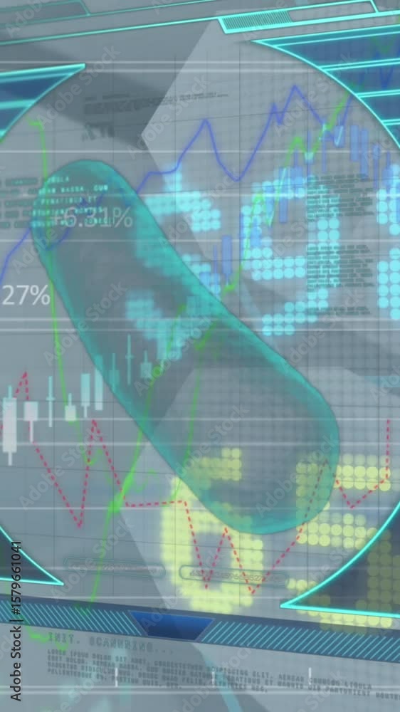 Poster animation of digital interface and stock market data processing against grey background