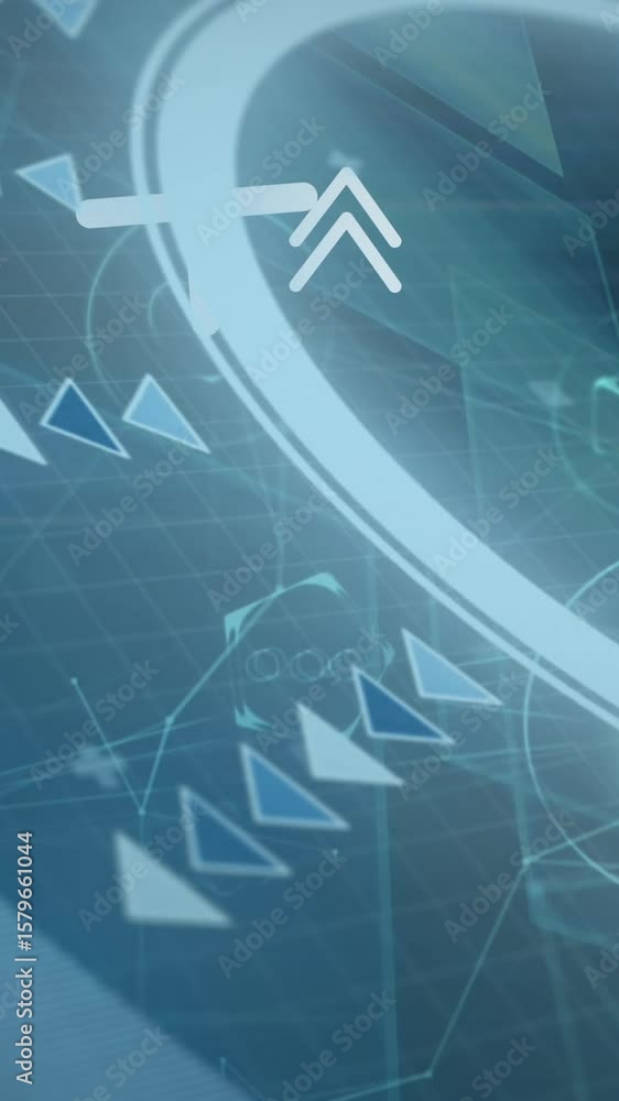 Poster animation of shapes over scope scanning on blue background
