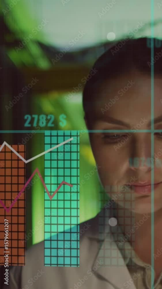 Poster animation of data processing over caucasian female it engineer by computer servers