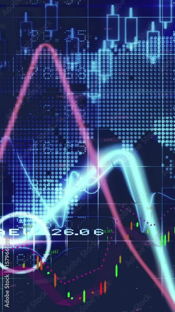 Poster animation of graphs and financial data over world map and blue and black background