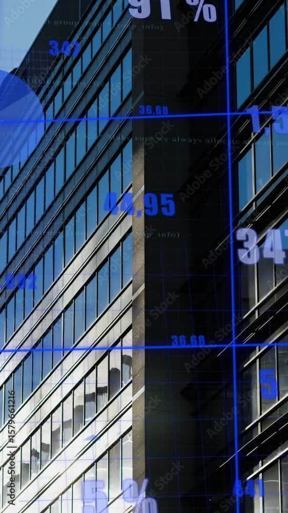 Aufkleber animation of statistical data processing over tall building against blue sky