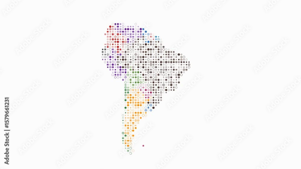 Poster south america dotted animation. shape of the continent build of pulsating colored dots. small size c
