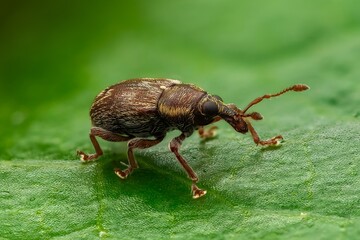A small macro shot of a weevil on a green leaf in detail