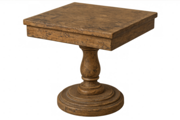 Small square wooden table on single pedestal base, isolated on transparent background, perfect for interior design projects