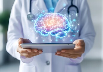 A doctor holds a tablet projecting a glowing holographic brain, symbolizing the synergy of mental health care and futuristic medical technology.

