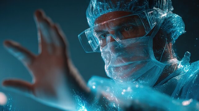 In close-up shots, skilled surgeons use advanced transparent touch screens during complex operations, combined with augmented reality anatomical projections to achieve precision medicine.