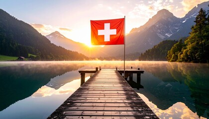 Scenic Swiss Alps landscape with national flag waving near lake at sunrise celebrating Switzerland National Day in majestic nature