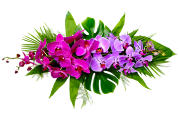 Beautiful arrangement of pink and purple orchids with green tropical leaves isolated on transparent background